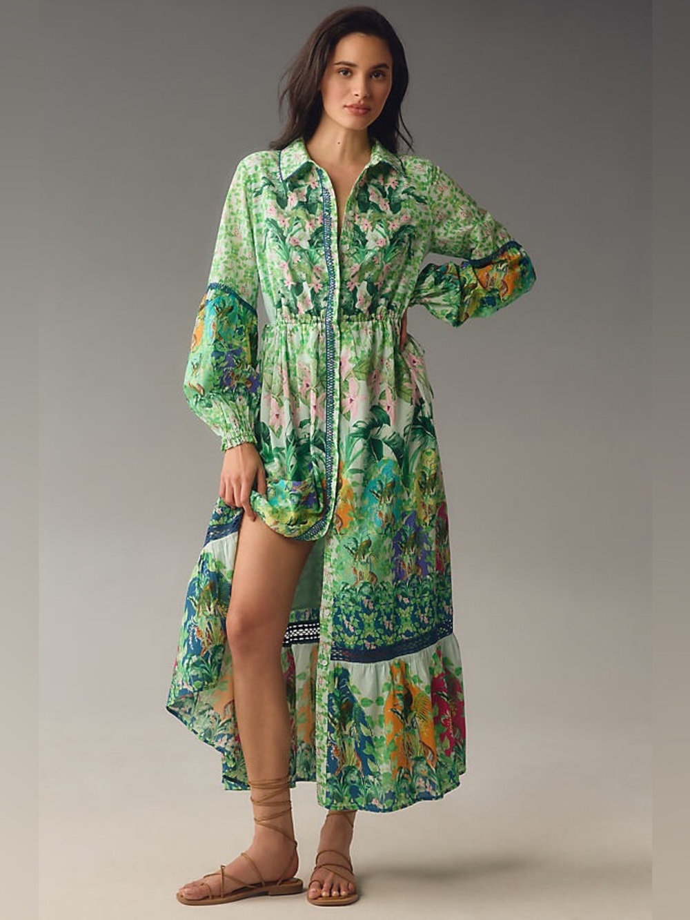 Anthropologie The Eleanora Long Sleeve Maxi Shirt Dress Green Bird Tiger XXSP